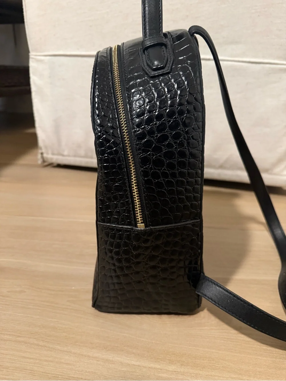Tory Burch Black Croc-Embossed Mini Backpack with Gold Hardware
